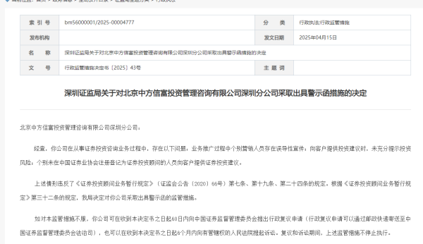 卓信宝配资 业务推广存在误导性宣传！中方信富深圳分部被出具警示函